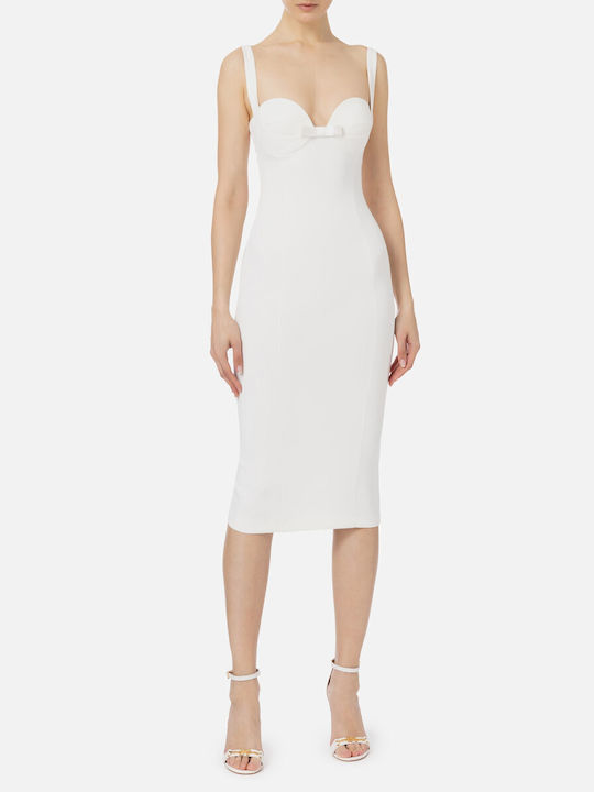 Elisabetta Franchi Midi Φόρεμα Σατέν με Σκίσιμο Λευκό