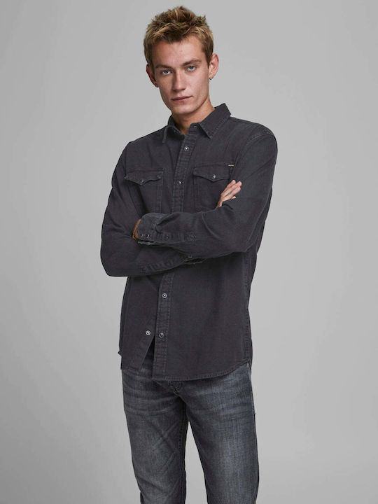 Jack & Jones Cămașă Bărbătească Cu mânecă lungă Bumbac Negru