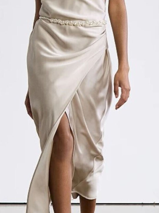 BSB Midi Evening Dress Satin Wrap with Slit Silver