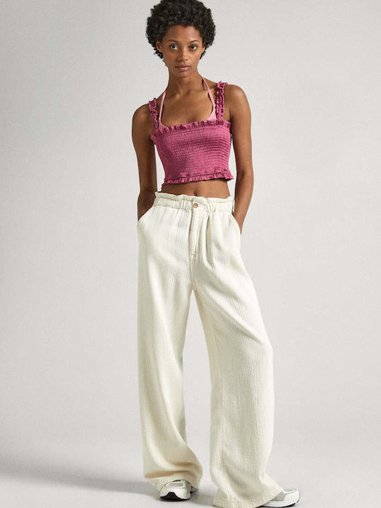 Pepe Jeans Γυναικείο Ψηλόμεσο Βαμβακερό Παντελόνι Καμπάνα σε Loose Εφαρμογή Λευκό