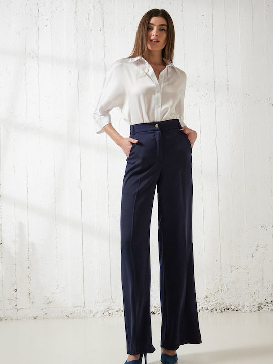 Enzzo Women's High-waisted Crepe Trousers in Relaxed Fit Blue