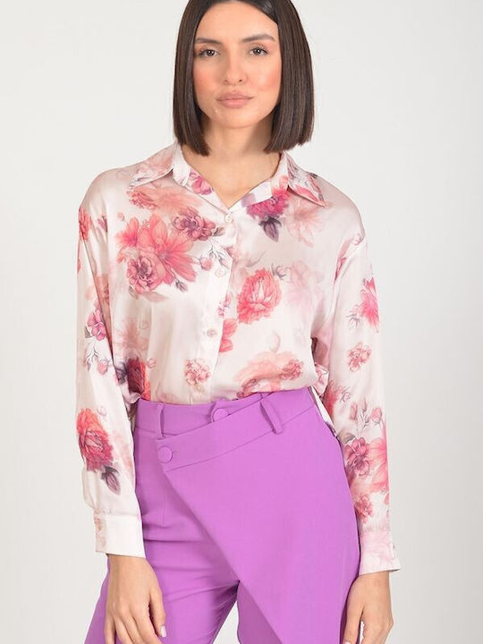 Tweet With Love Women's Satin Floral Long Sleeve Shirt Pink