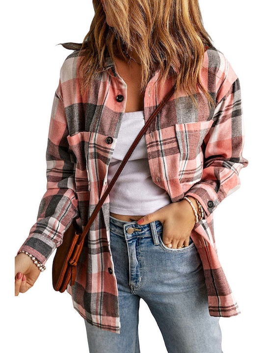 Amely Women's Checked Overshirt with Buttons Pink