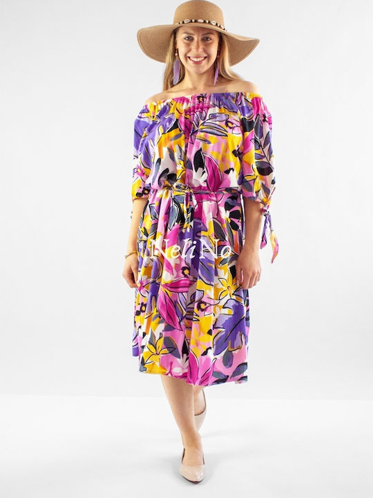 Heavily Patterned Leaf Flower Spangled Dress Freestyle Purple Uni