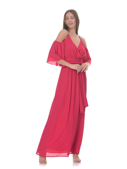 Rochie maxi fuchsia cu umerii goi