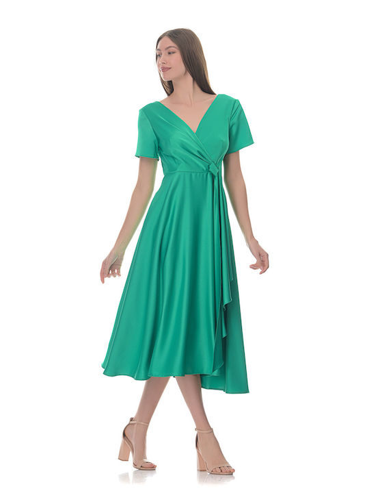 Midi Σατέν Πράσινο Φόρεμα Κρουαζέ Μανίκι