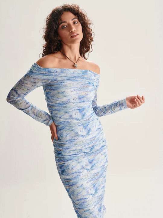 24 Colours Patterned Tight Blue Dress Γυναικείο Φόρεμα Μπλε 21102 Blue