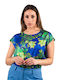 Forel Women's Blouse Satin Short Sleeve Floral Blue