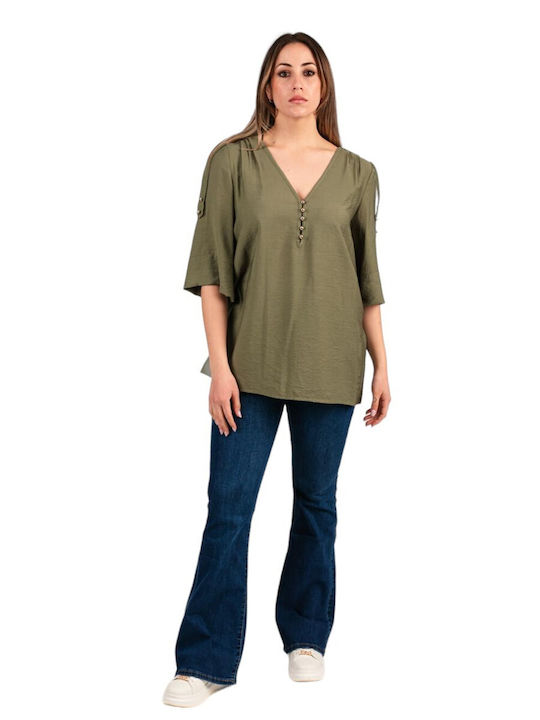 Forel Women's Blouse with 3/4 Sleeve & V Neckline Haki