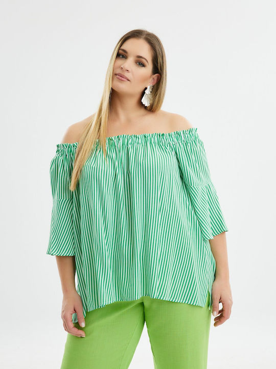 Mat Fashion Γυναικεία Μπλούζα Off-Shoulder με Μανίκι 3/4 Ριγέ Πράσινη