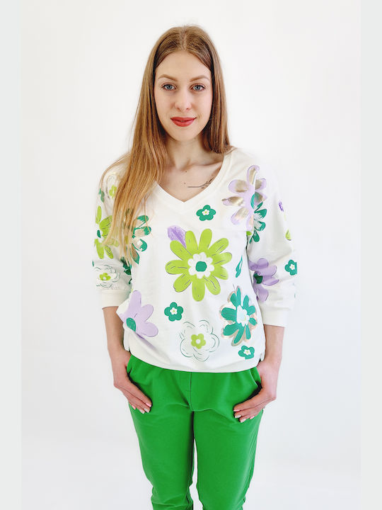 Brak Women's Blouse Cotton with 3/4 Sleeve Floral White With Green