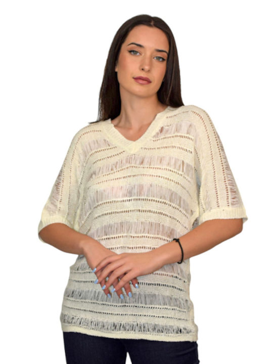 Bluză tricotată cu mâneci scurte în ecru Morena Spania Sm-75264-24bl