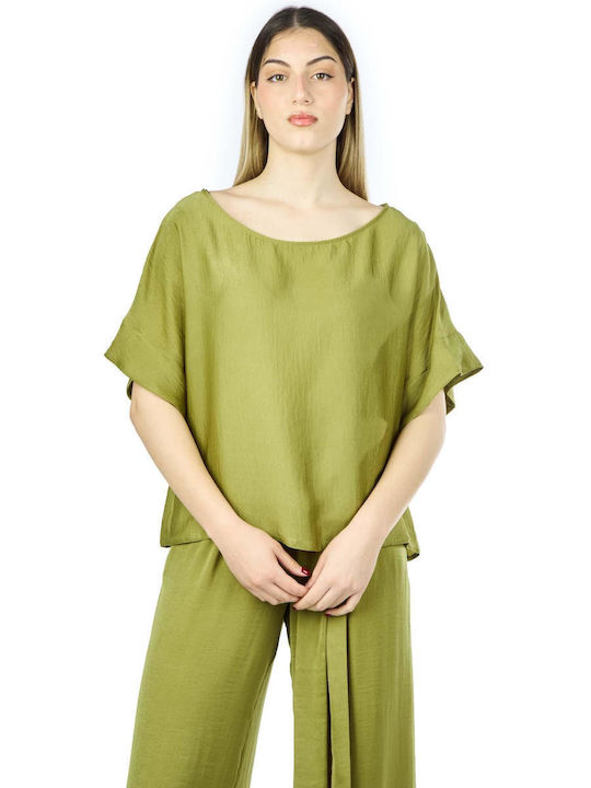 Moutaki Women's Blouse Satin Short Sleeve Green