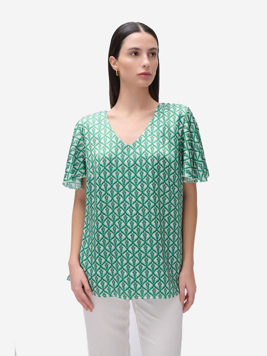 Veto pentru Femei Bluză din Satin Mâneci scurte cu Decolteu în V Green