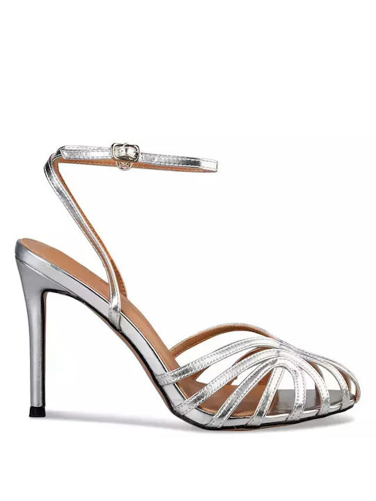 Envie Shoes Leather Women's Sandals Silver with Thin High Heel