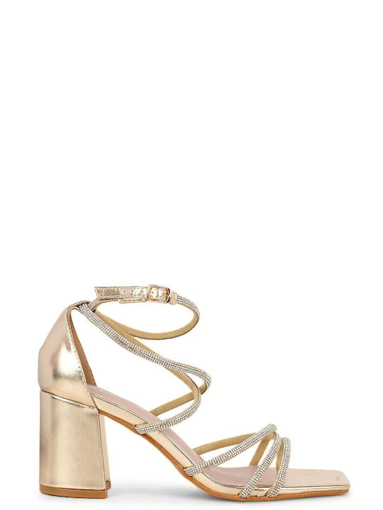 Gold Strappy Sandals with Rhinestones