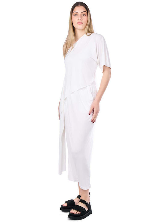 Pants Women's High-waisted Fabric Trousers with Elastic Relaxed Fit White