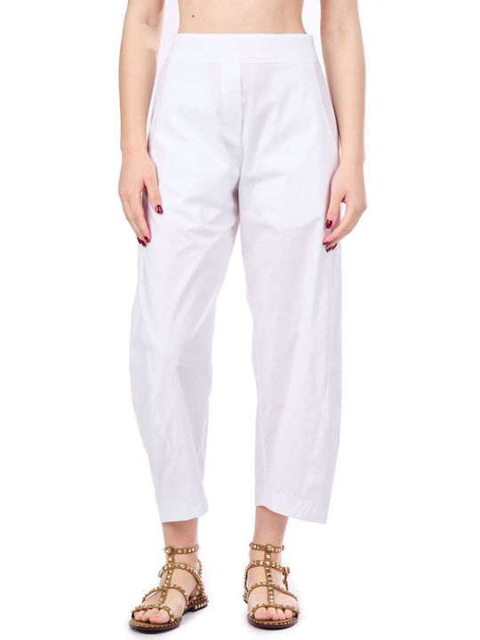 Moutaki Γυναικείο Ψηλόμεσο Υφασμάτινο Παντελόνι Λευκό