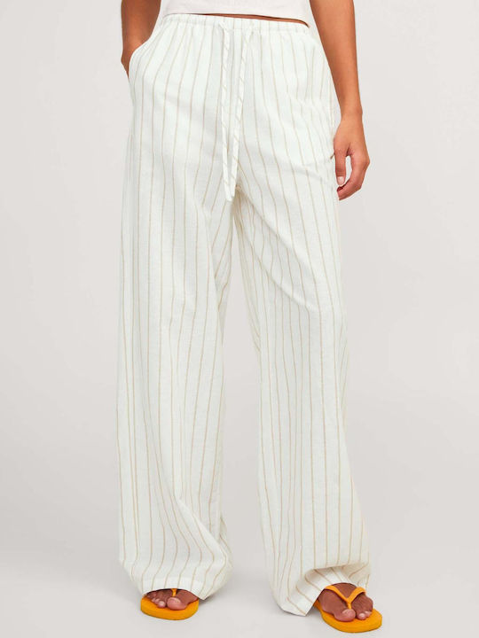 Jack & Jones Women's Linen Trousers with Elastic Striped Ecru