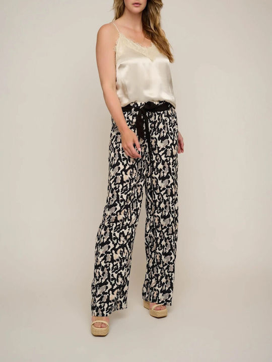 Rino&Pelle Women's Fabric Trousers in Wide Line Black&white