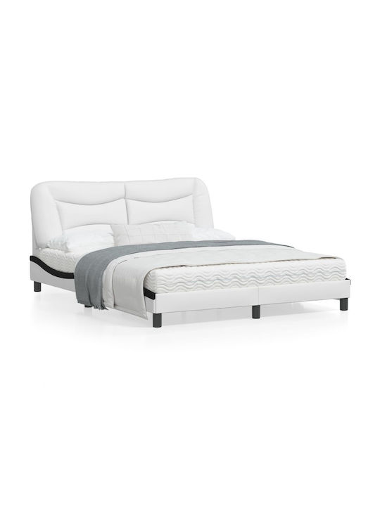 Κρεβάτι Υπέρδιπλο Επενδυμένο με Δερματίνη Λευκό/μαύρο με Τάβλες για Στρώμα 160x200cm