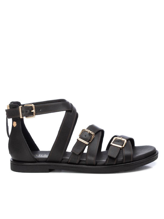 Carmela Footwear Leather Women's Flat Sandals in Black Color