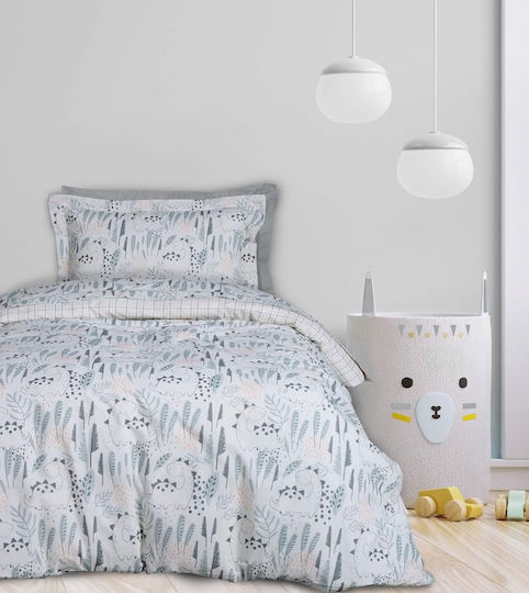 Das Home Happy Dino Σετ Παιδική Παπλωματοθήκη Μονή με Μαξιλαροθήκη Πρασινο-σομον-γκρι 160x240εκ.
