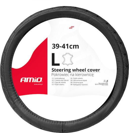 AMiO Car Steering Wheel Cover with Diameter 39-41cm made of Leatherette Black with Black Stitching