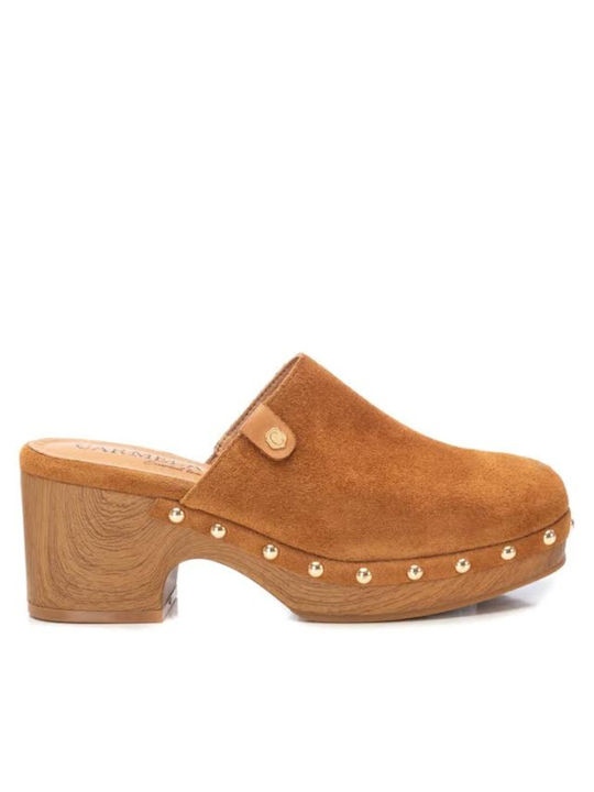 Carmela Footwear Chunky Heel Leather Mules Taba...