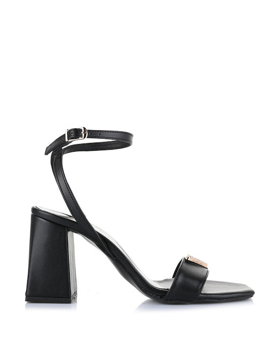 Mariella Fabiani Leather Women's Sandals with Strass & Ankle Strap Black