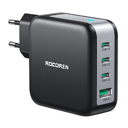 Încărcător Fără Cablu GaN cu 3 Porturi USB-A și Port USB-C 100W Livrarea energiei / Încărcare rapidă 2.0 / Încărcare rapidă 3.0 Negruς (061779)