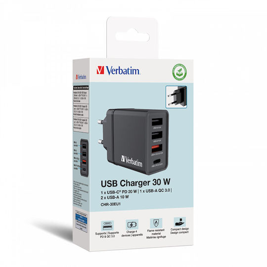 Verbatim Φορτιστής Χωρίς Καλώδιο GaN με 3 Θύρες USB-A και Θύρα USB-C 30W Power Delivery / Quick Charge 3.0 Μαύρος (CHR-30EU1)