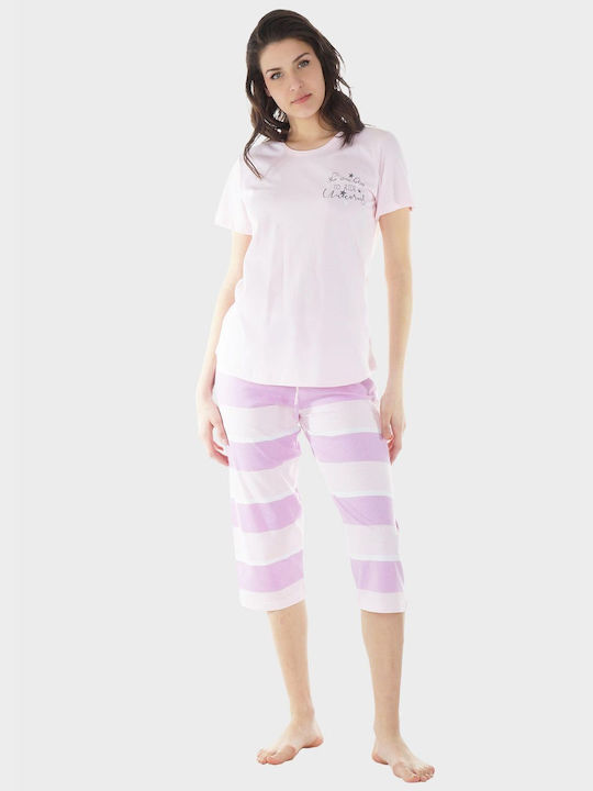 Women's Summer Pajama Pajama Capri Vienetta Pants Stripes Pink