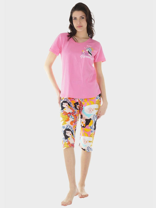 Women's Pajama Set Capri Vienetta All Print Pants Elastic Waist Pink