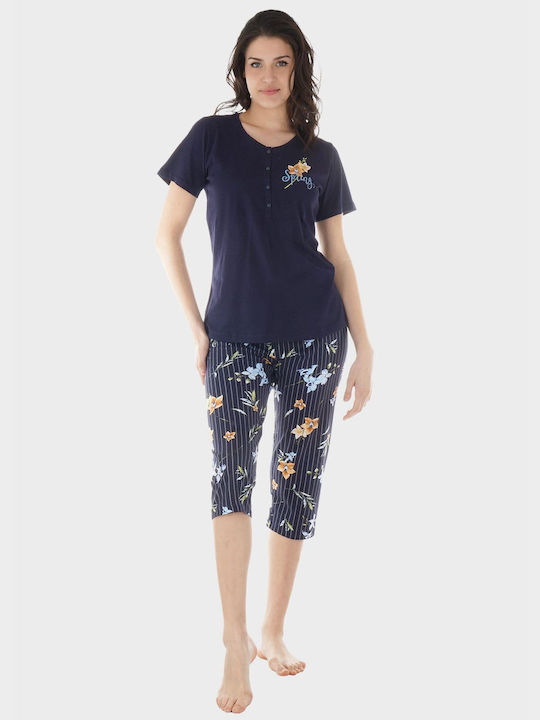 Women's Summer Pajama Capri Vienetta Pants All Print Flowers Elastic Waist Pants Navy