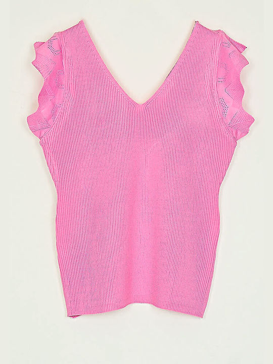 Cuca Damen Sommerliche Bluse mit V-Ausschnitt Pink