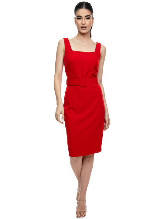 Midi Dress Red Crepe Red Crepe Embedded Belt Elegance & Style