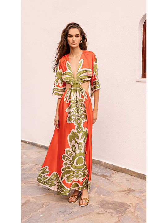 Nema Resort Wear Dress Maxi Φόρεμα Σατέν Orange