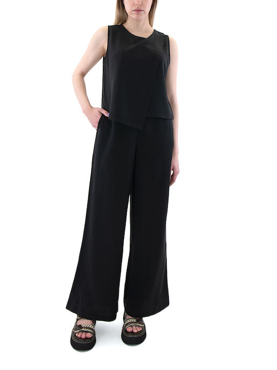 Moutaki Women's High Waist Linen Trousers in Wide Line Black