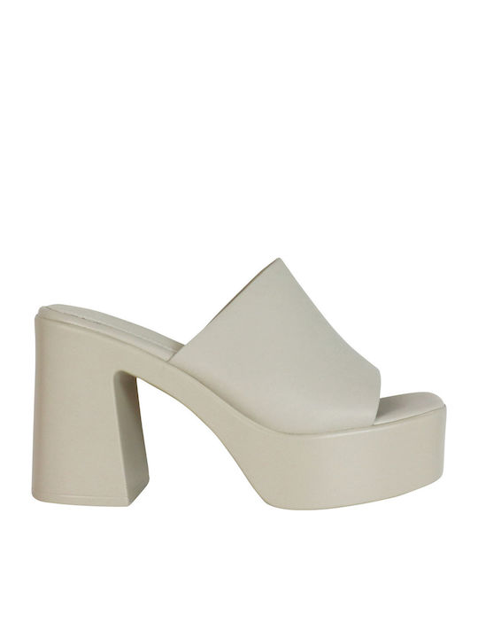Leder Mules mit Chunky Hoch Absatz in Ecru Farbe