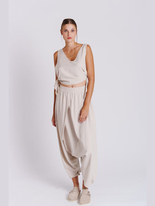 Collectiva Noir Pants Women's High-waisted Linen Trousers with Elastic in Loose Fit Beige