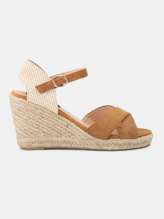 Platforms Suede Barette & Rope Platforms On Sole Women's 888-280 Camel Synthetic Leather