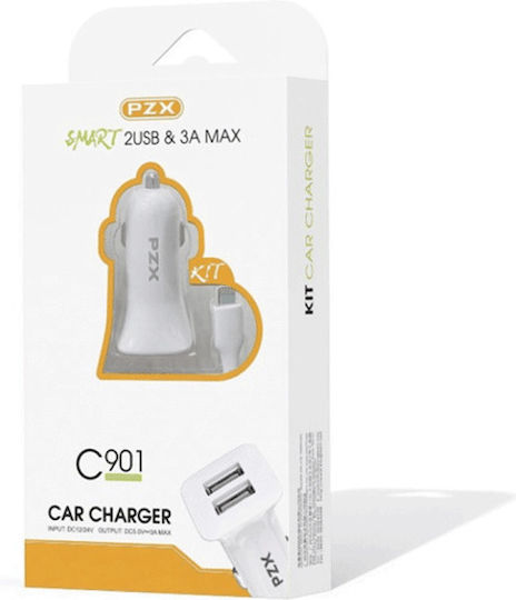 PZX Car Charger 3A with 2 USB Ports and Lightning Cable White Color