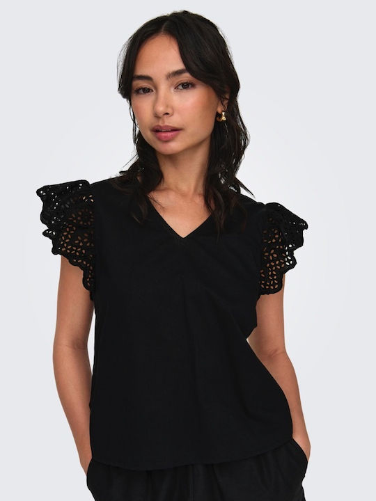 Only Damen Bluse Baumwoll mit Spitze Black