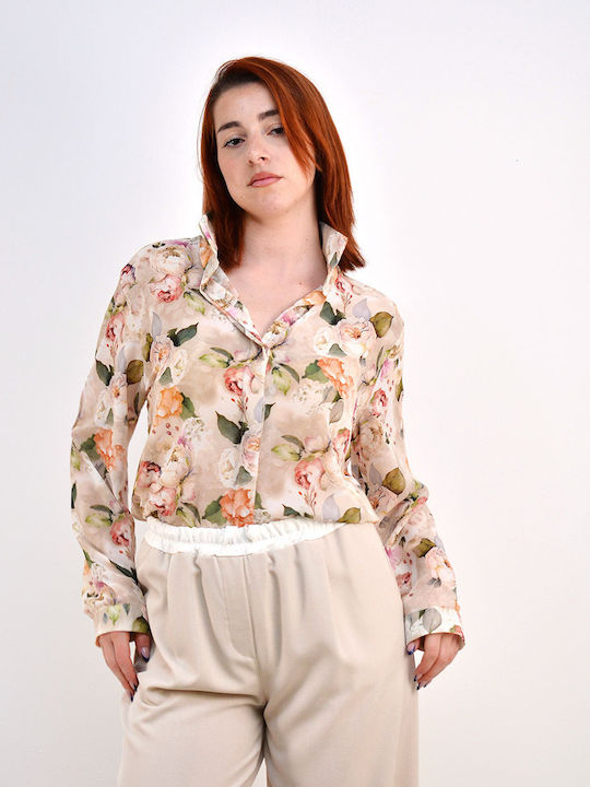 Beltipo Women's Floral Long Sleeve Shirt Beige