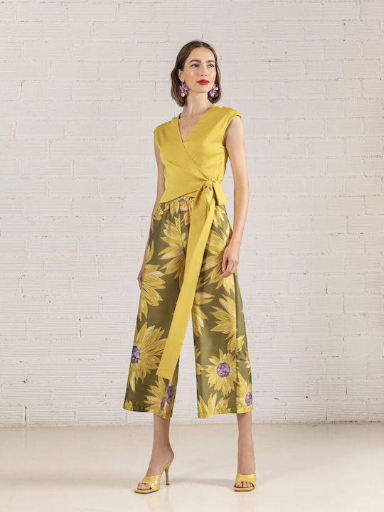 Moutaki Women's High-waisted Fabric Trousers with Elastic Floral Yellow