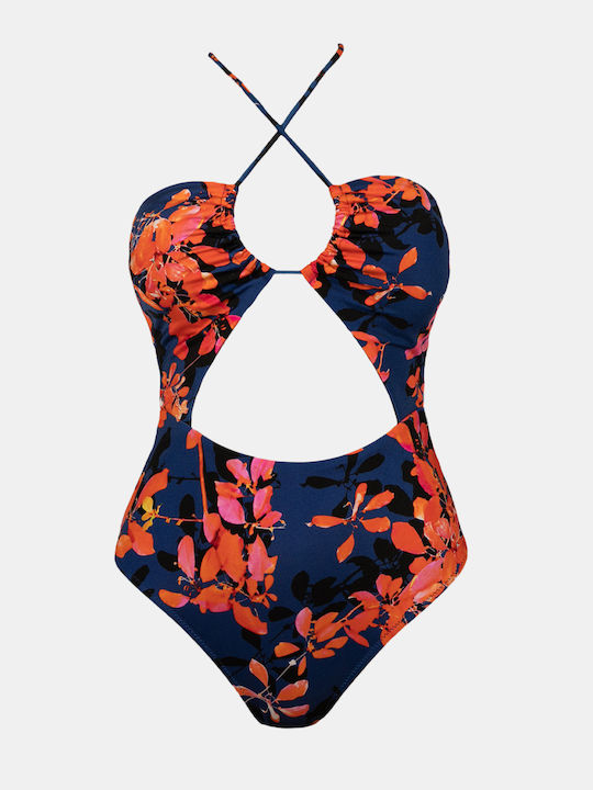 Badeanzug mit Blumenmuster in Marineblau