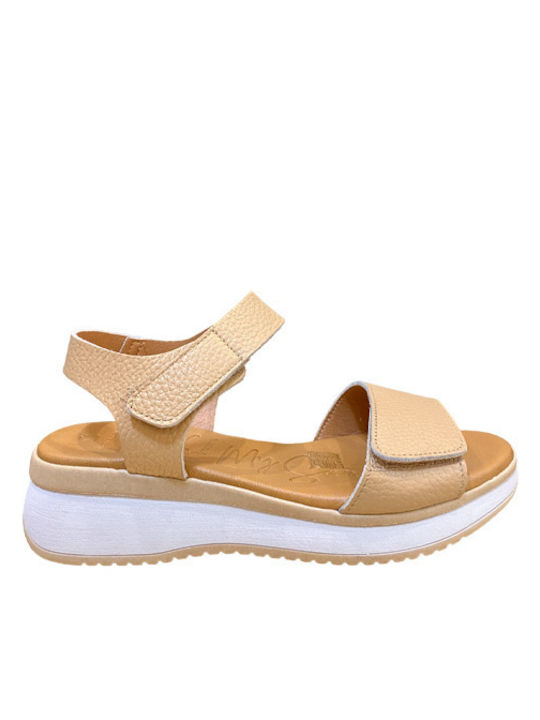 Oh My Sandals Women's Leather Ankle Strap Platforms Beige