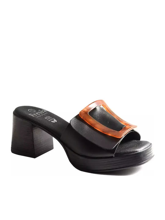 Leather Mules with Low Heel in Black Color