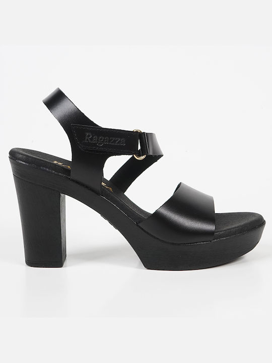 Ragazza Anatomic Platform Leather Women's Sandals with Ankle Strap Black with Chunky High Heel